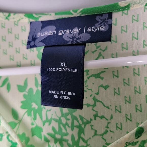 Susan Graver Green and Cream Floral Blouse XL Pullover Artsy Cottagecore Flowy - Picture 4 of 11